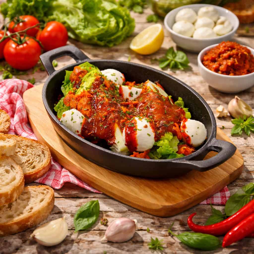 Baby Gem, Tomato, Mozzarella & Nduja Bake