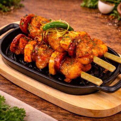 Chicken, Chorizo and Halloumi Hot Honey Kebabs