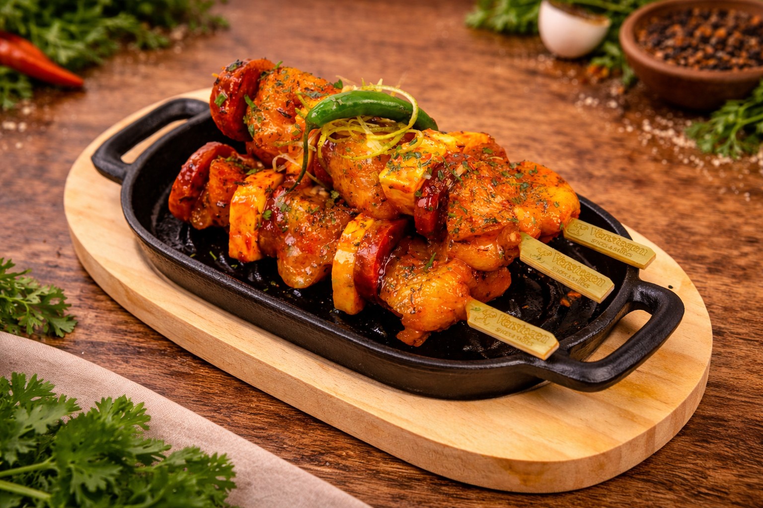 Chicken, Chorizo and Halloumi Hot Honey Kebabs